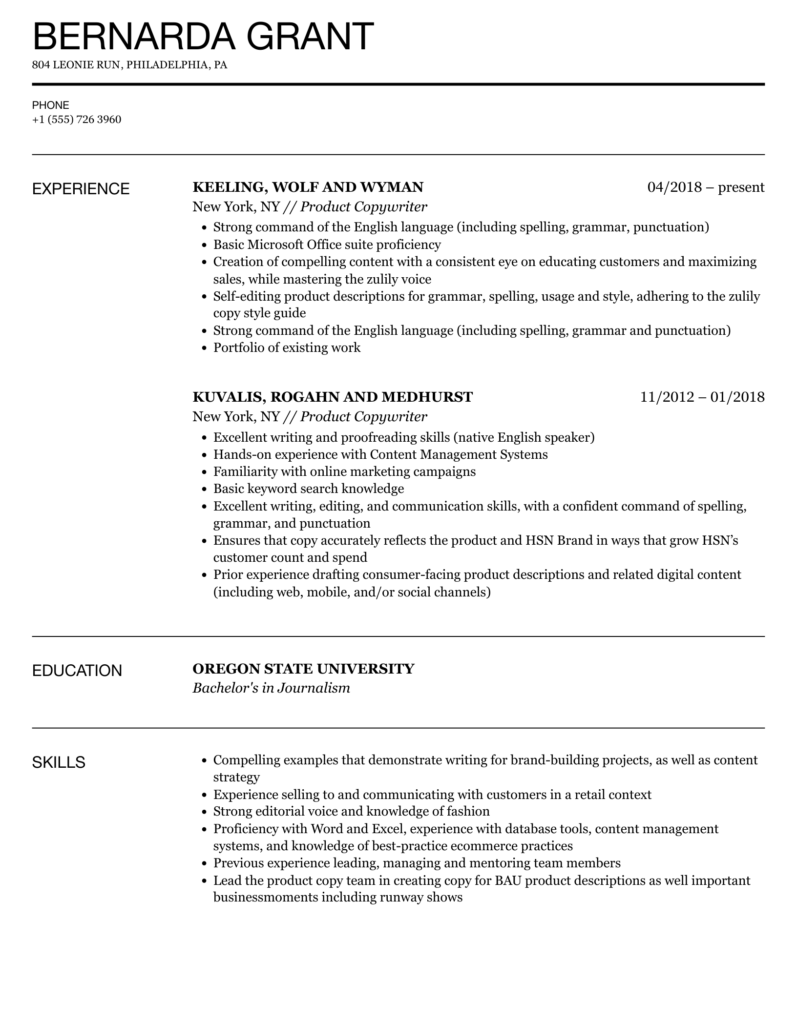 Product Description Writer Resume